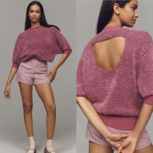 Anthropologie Maeve Violetta Short Sleeve Tinsel Sweater In Pink SZ XL NWT